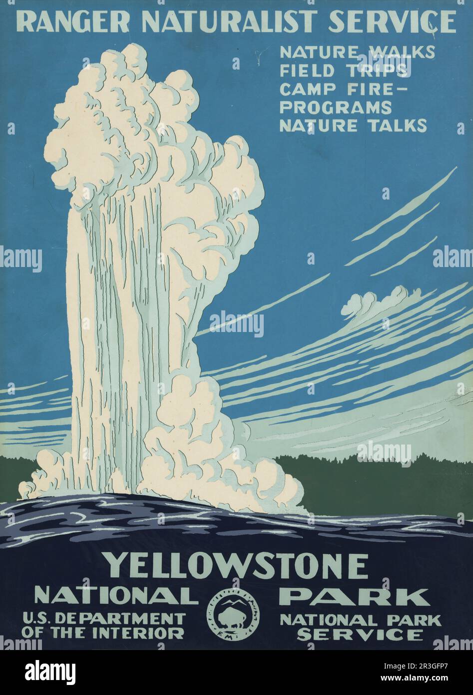 Vintage travel poster for Yellowstone National Park, shows Old Faithful erupting, circa 1938. Stock Photo