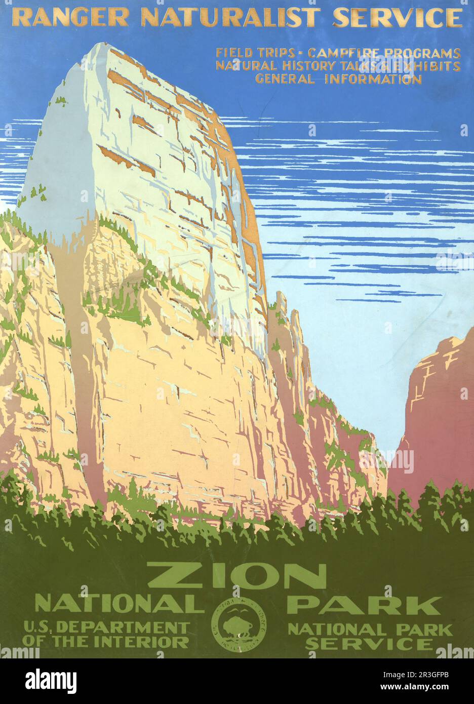 Vintage travel poster for Zion National Park, shows view of a cliff at Zion National Park, circa 1938. Stock Photo