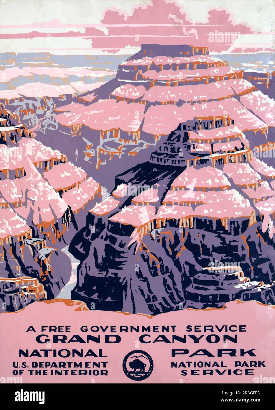 Vintage travel poster shows views of Grand Canyon National Park, a free government service, circa 1938. Stock Photo