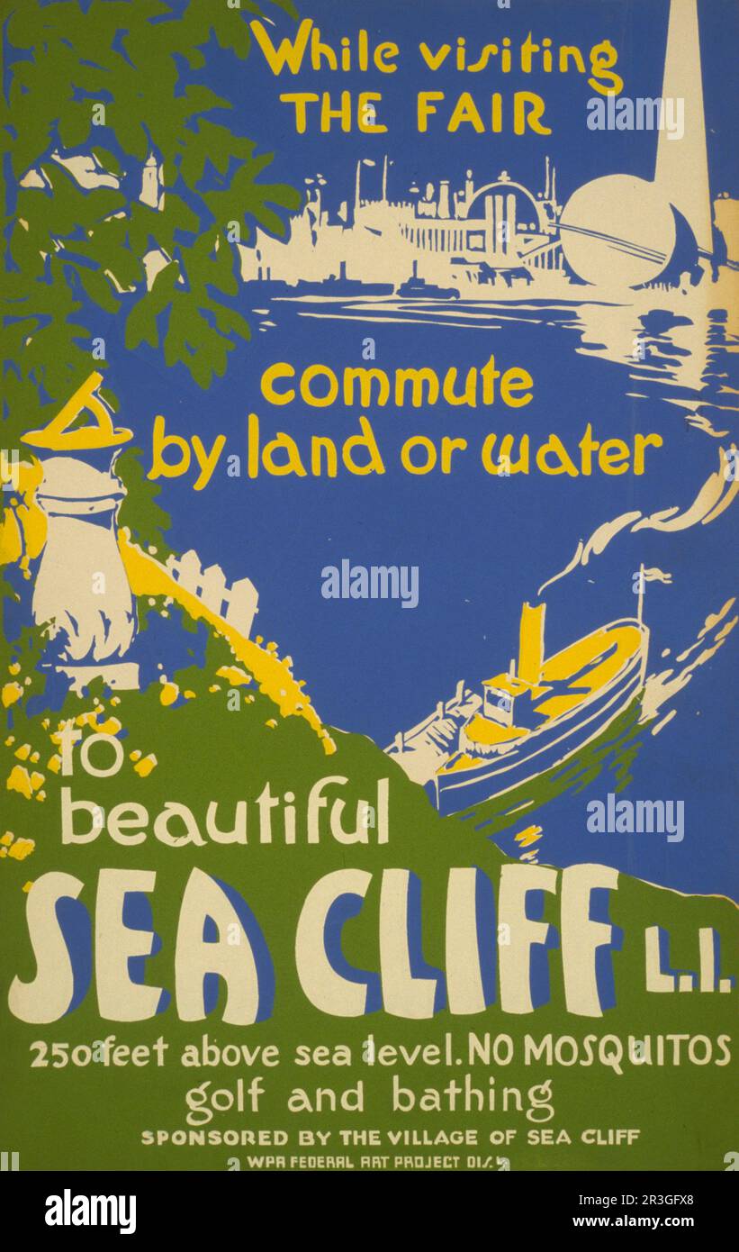 Vintage travel poster promoting Sea Cliff, Long Island for tourism. Stock Photo