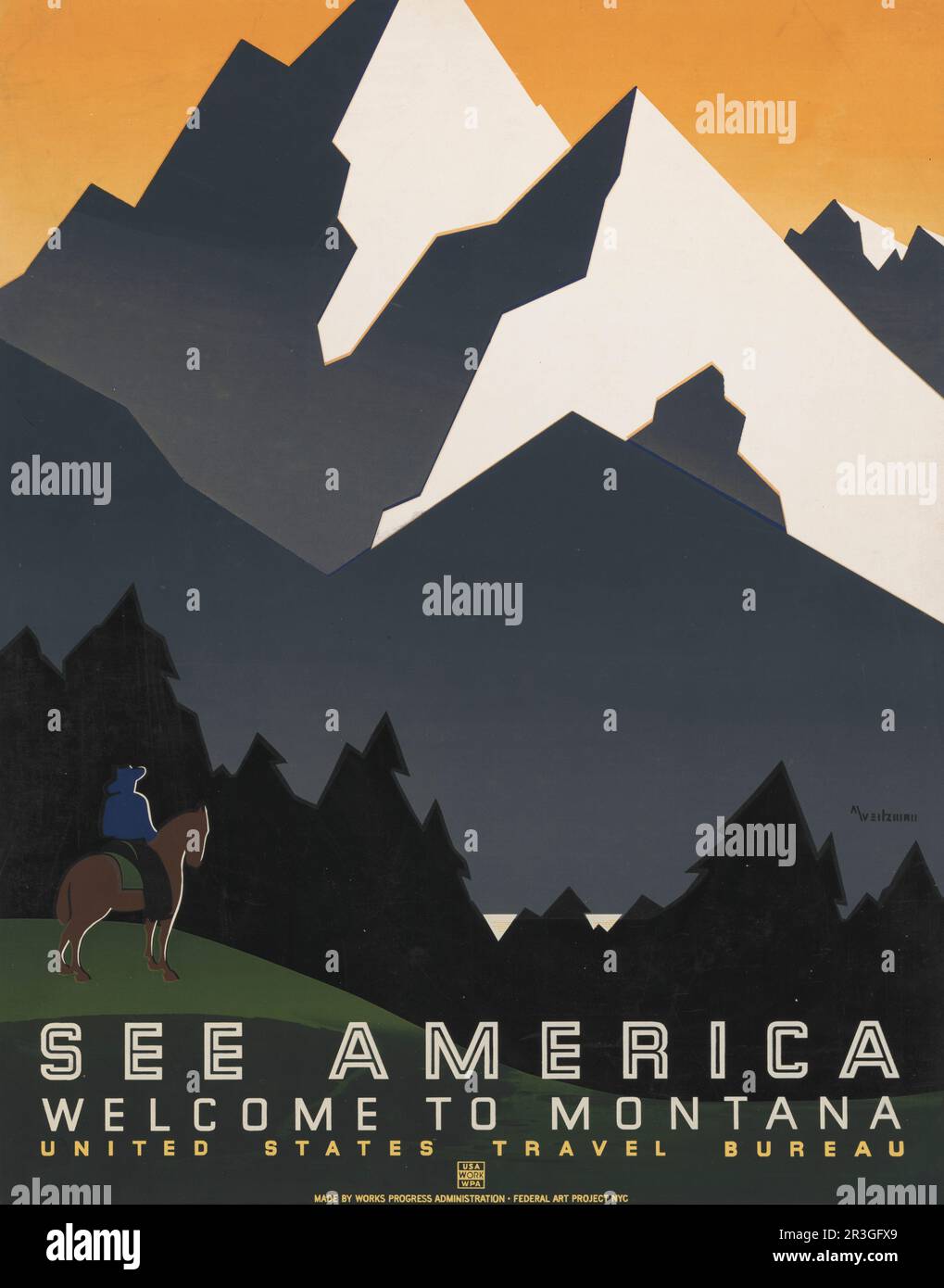 Vintage 1936 travel poster for United States Travel Bureau promoting travel to Montana. Stock Photo