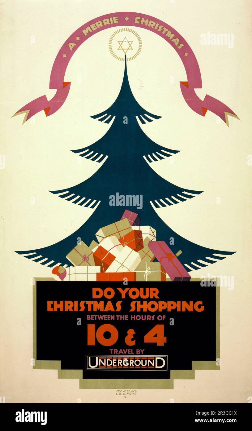 Vintage poster promoting travel by London Underground, circa 1924. for Christmas shopping. Stock Photo