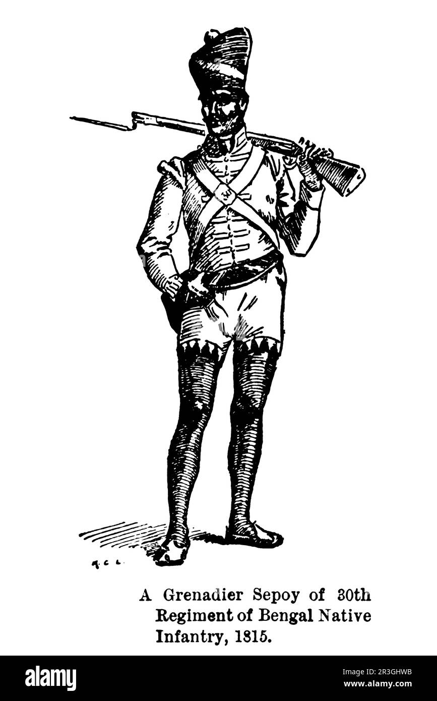 A Grenadier Sepoy of 30th Regiment of Bengal Native Infantry, 1815. Sketch by Major Alfred Crowdy Lovett, (1862-1919) from the book ' The armies of India ' by Major George Fletcher MacMunn, (1869-1952) Publication date 1911 Publisher London, Adam and Charles Black Stock Photo