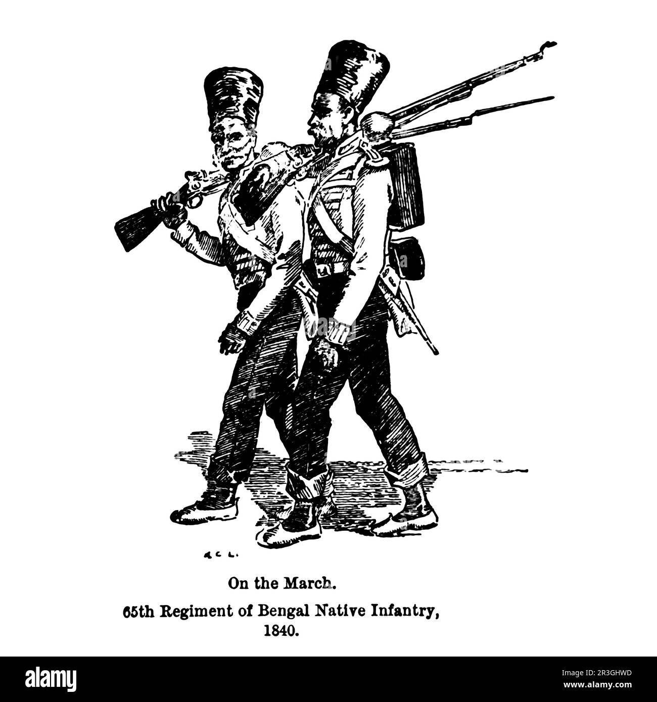 On the March. 65th Regiment of Bengal Native Infantry, 1840 sketch by Major Alfred Crowdy Lovett, (1862-1919) from the book ' The armies of India ' by Major George Fletcher MacMunn, (1869-1952) Publication date 1911 Publisher London, Adam and Charles Black Stock Photo