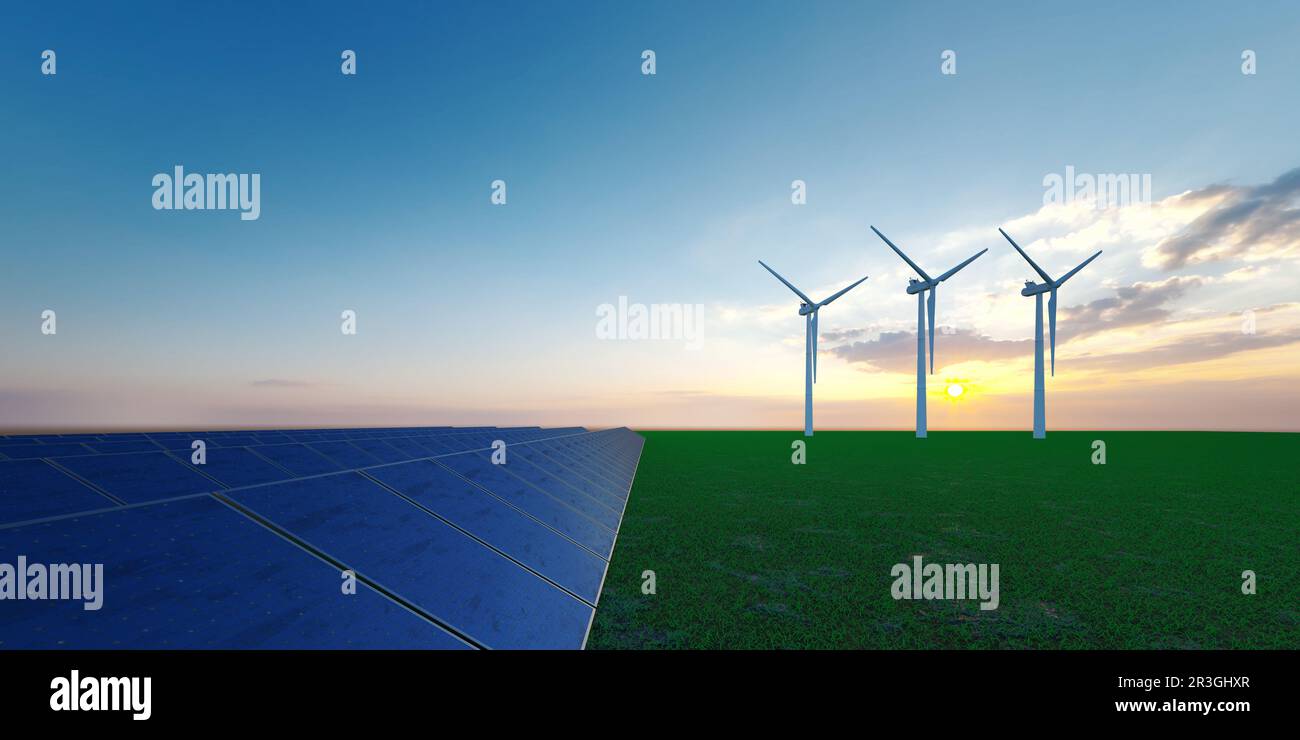 Wind power turbine and solar energy in open landscape - 3D Illustration ...