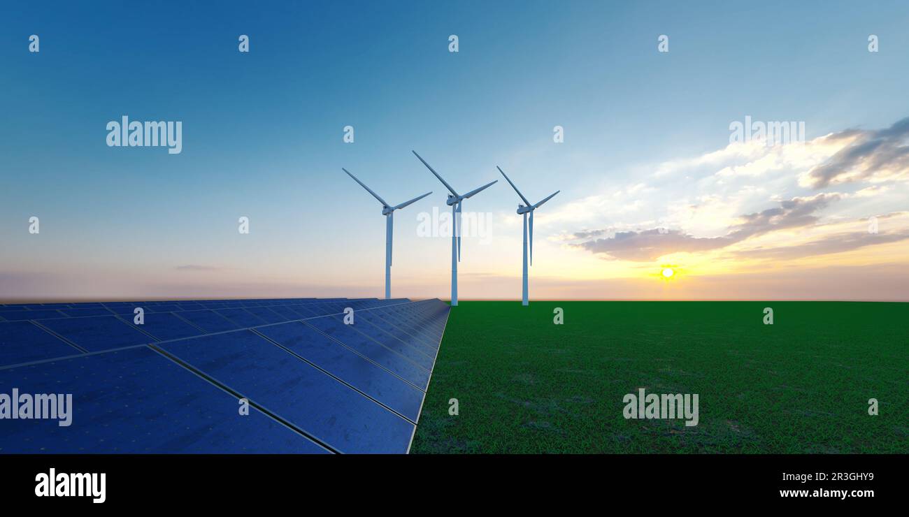 Wind power turbine and solar energy in open landscape - 3D Illustration ...