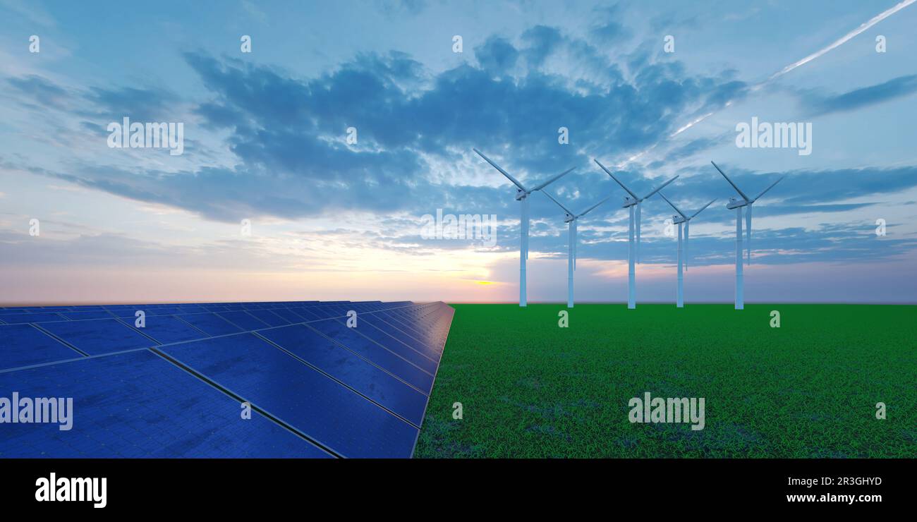 Wind power turbine and solar energy in open landscape - 3D Illustration ...