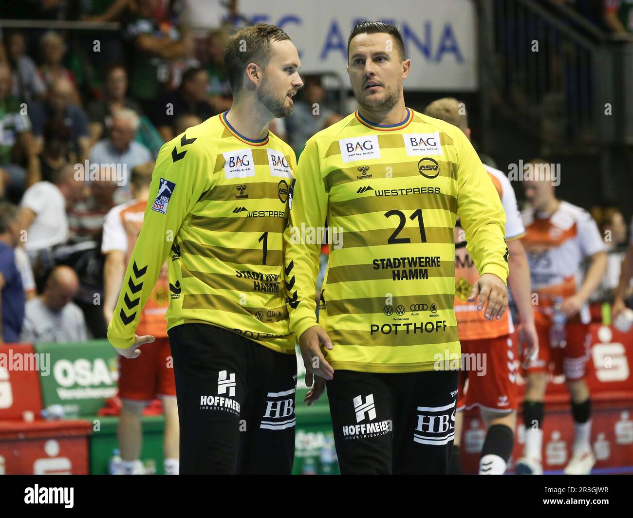 Goalkeepers Felix Hertlein and Vladimir Bozic (ASV Hamm 1 and 21) HBL Liqui Moly Handball Bundesliga,season 2022-23,01. matchday Stock Photo