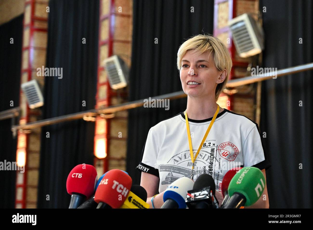 Non Exclusive: LVIV, UKRAINE - MAY 22, 2023 - Co-founder of the Dignitas Charitable Foundation Lyuba Shypovych attends a meeting of FPV drone manufact Stock Photo