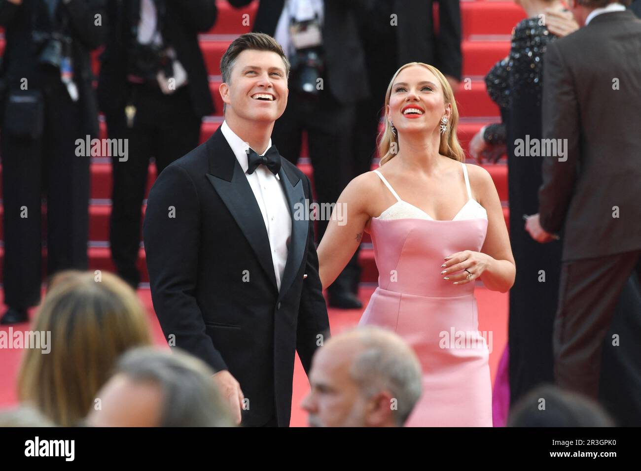 Cannes, France. 23rd May, 2023. Colin Jost and Scarlett Johansson