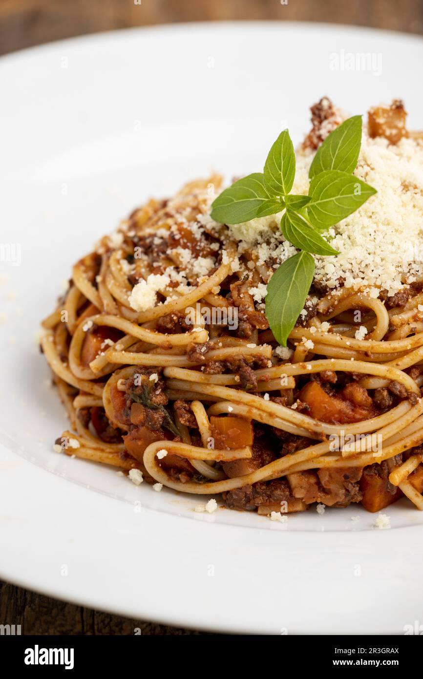 Spaghetti with Bolognaise sauce on white Stock Photo