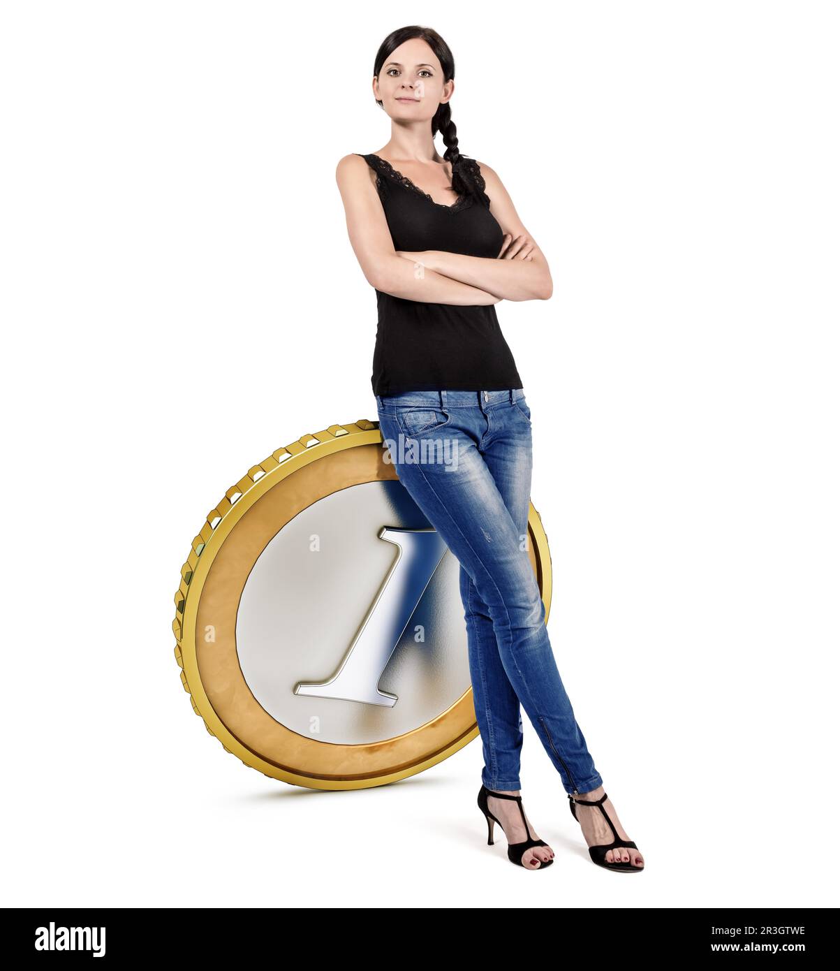 picture of a woman leaning on a coin Stock Photo