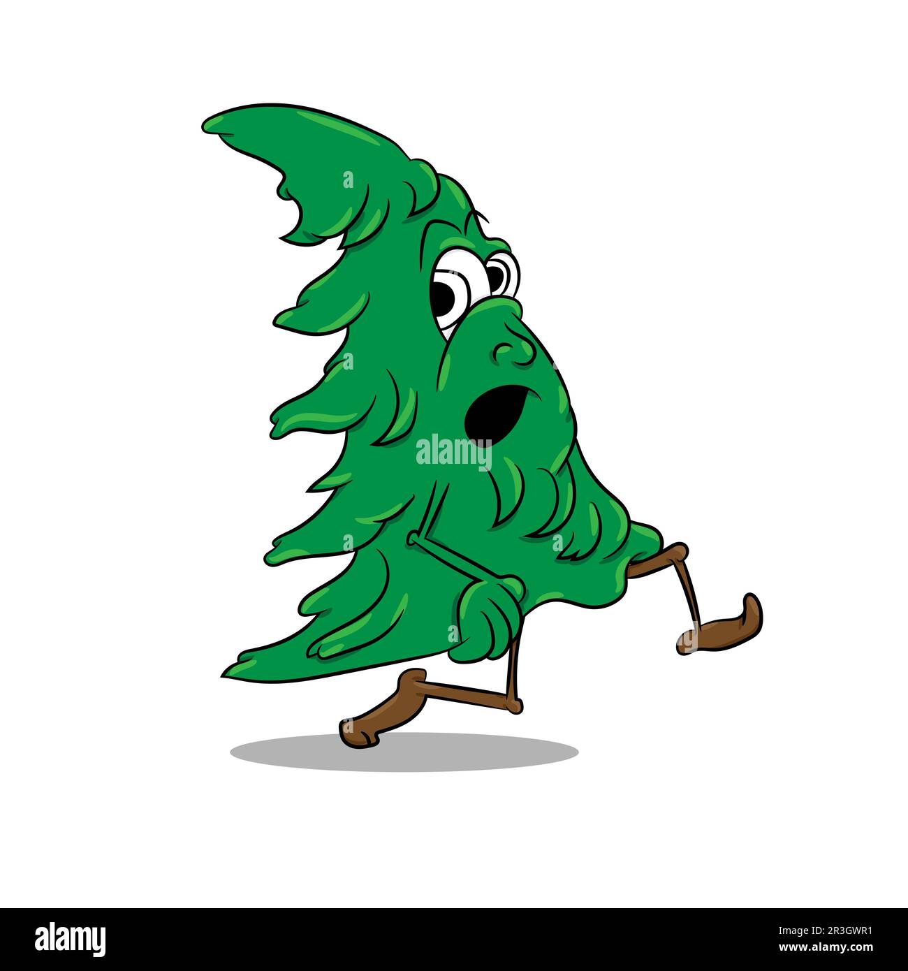 Cartoon drawing of a christmas tree on the run, Christmas concept