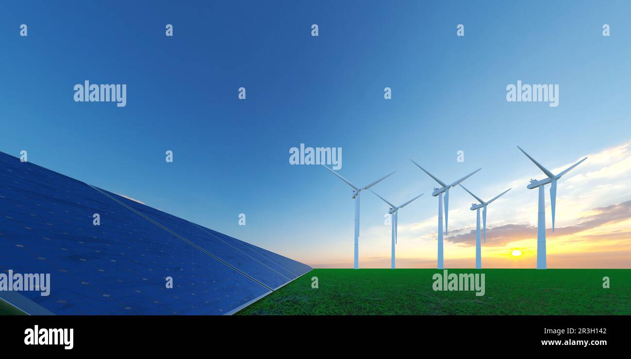 wind power turbine and solar energy in open landscape 3D Illustration