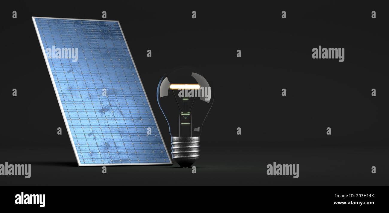 Solar energy panel with lighting light bulb - 3D Illustration Stock Photo