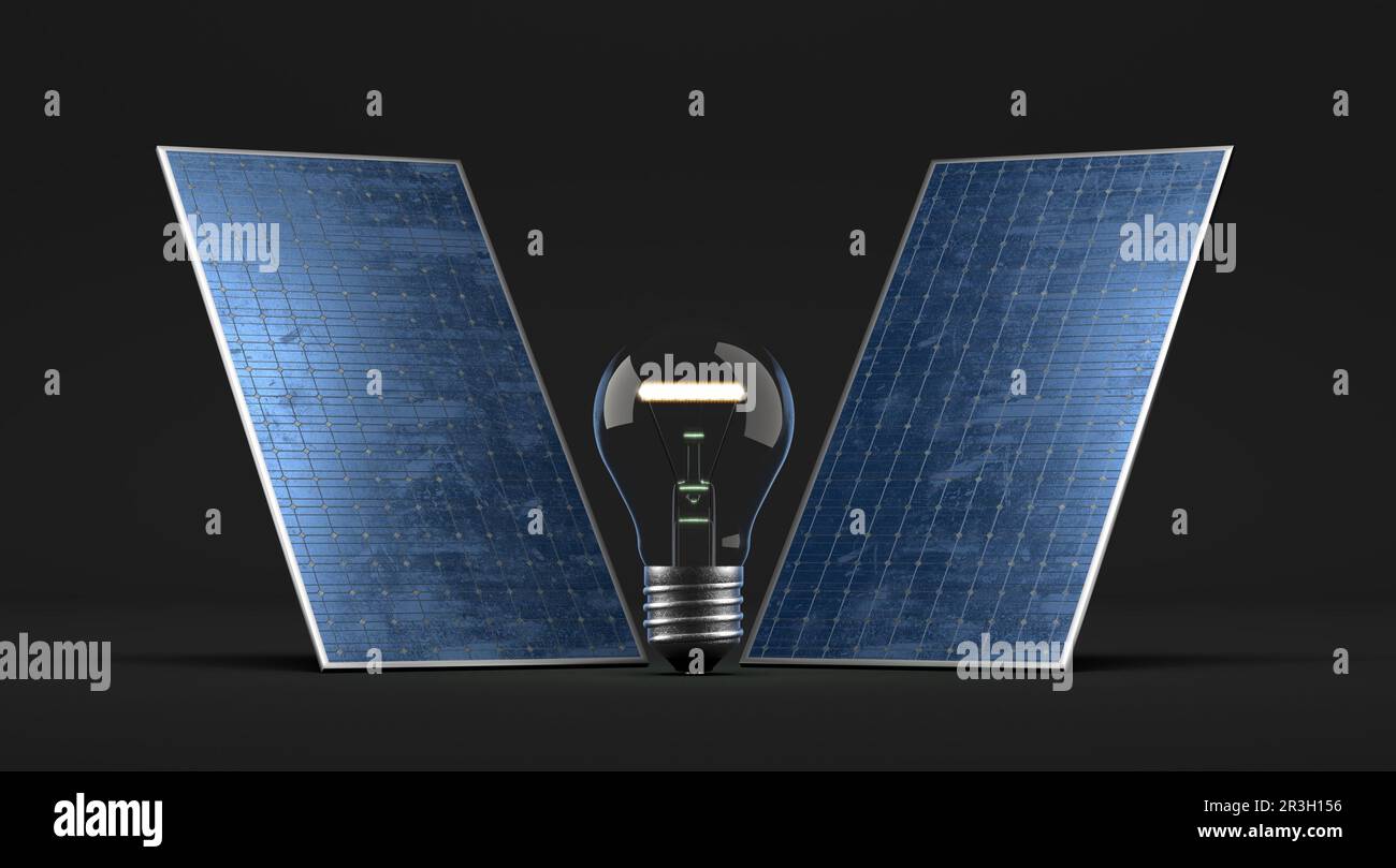 Solar energy panel with lighting light bulb - 3D Illustration Stock Photo