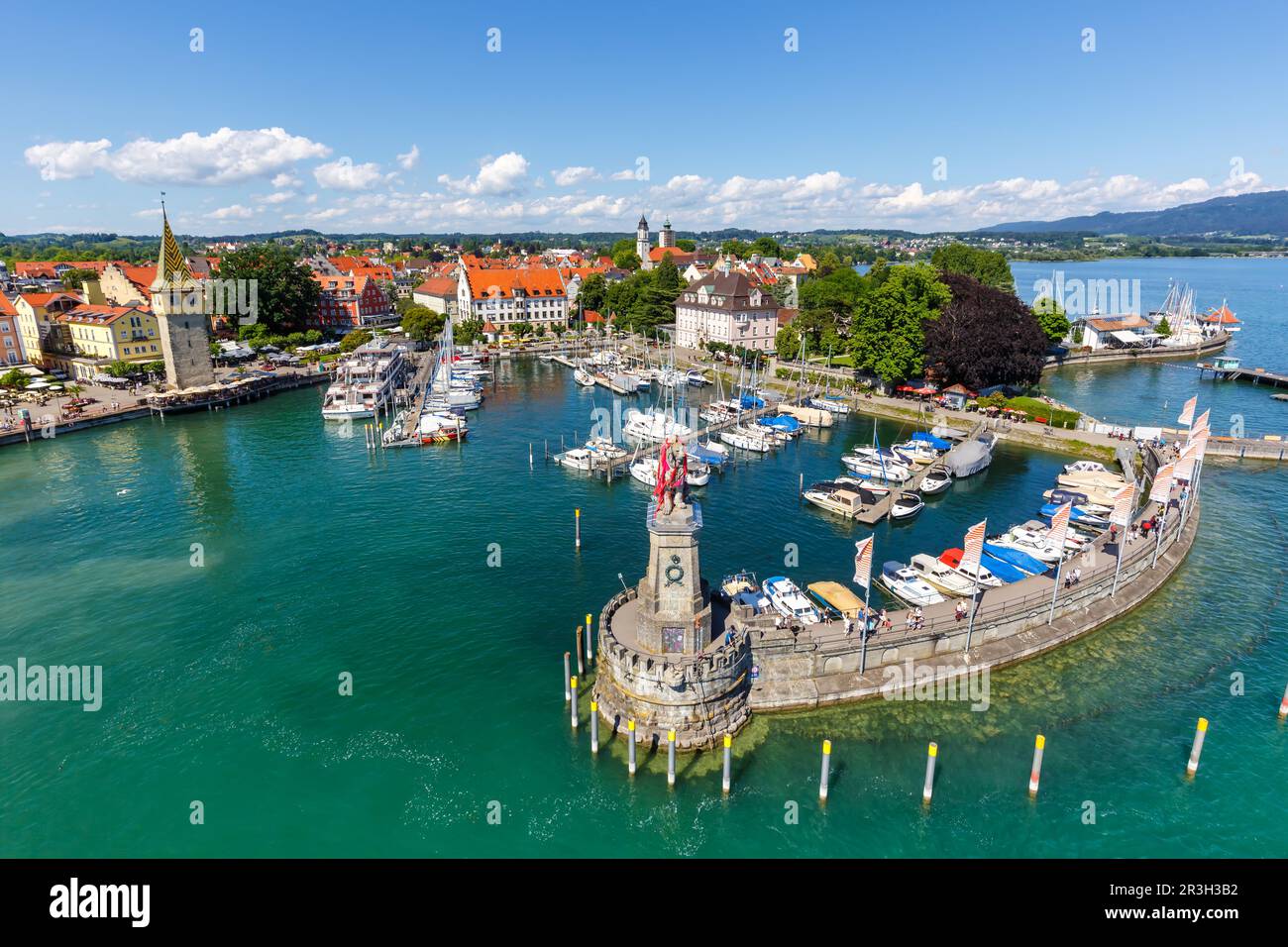 Lindau city on Lake Constance marina harbor travel from above in