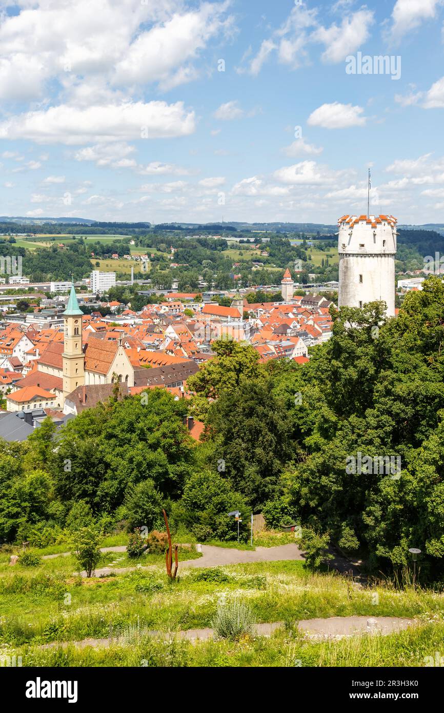 View of Ravensburg city from above with flour sack tower and old town