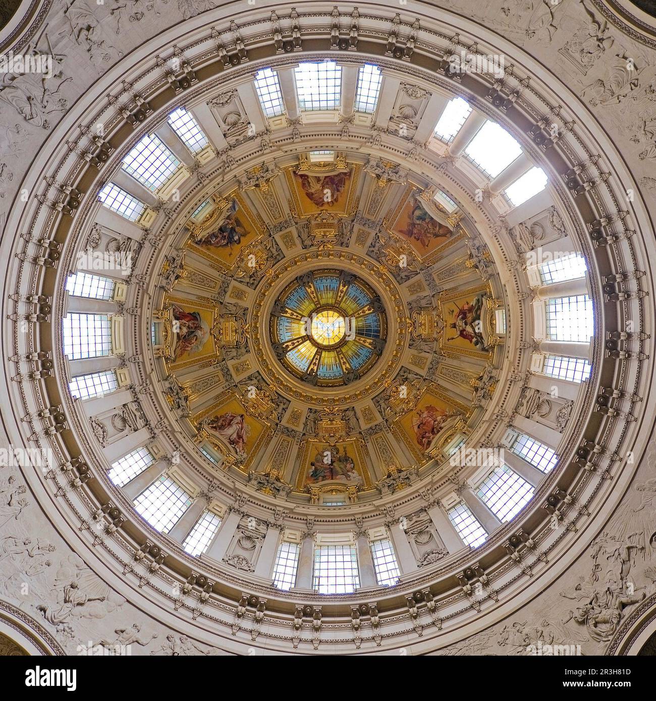 Looking up into the dome with central Holy Spirit window with dome