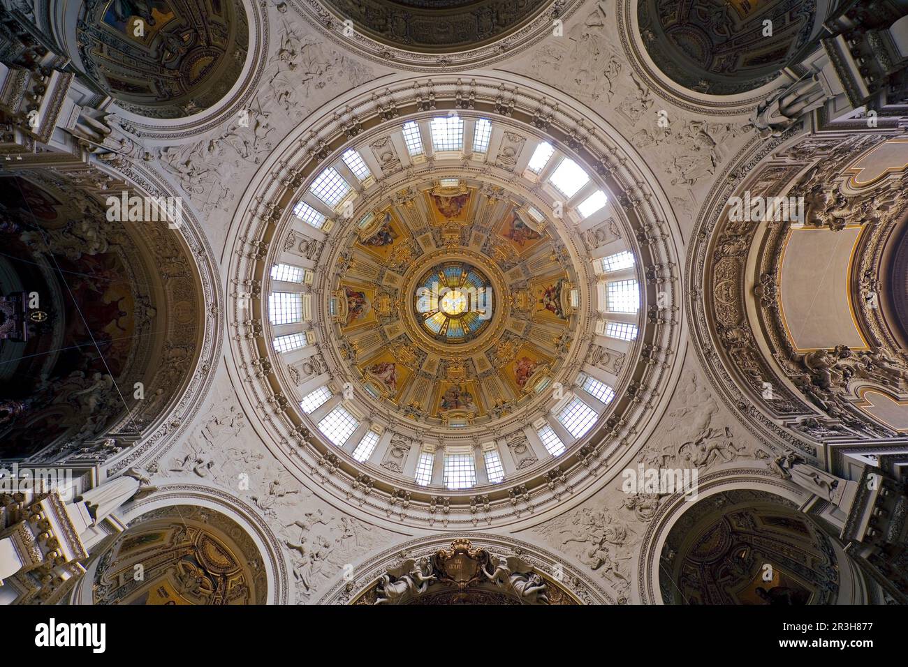 Looking up into the dome with central Holy Spirit window with dome windows, Berlin Cathedral Germany Stock Photo