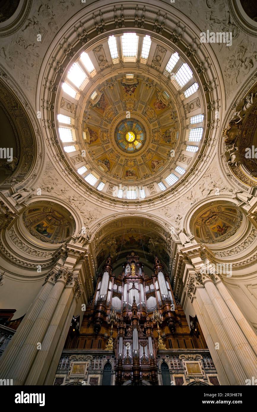 Looking up into the dome and Sauer organ, interior shot, Berlin Cathedral, Berlin, Germany, Europe Stock Photo