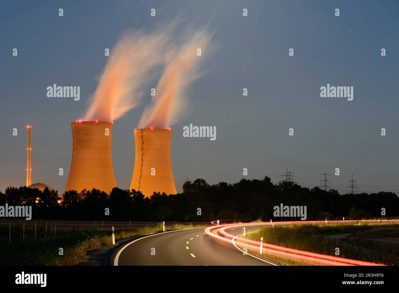 AKW, Grafenrheinfeld nuclear power plant, Schweinfurt, Bavaria, Blue hour, Germany Stock Photo