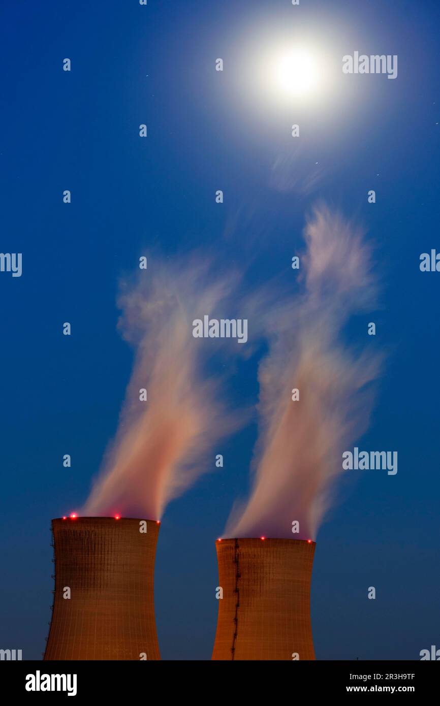 AKW, Grafenrheinfeld nuclear power plant, Schweinfurt, Bavaria, Blue hour, Germany Stock Photo