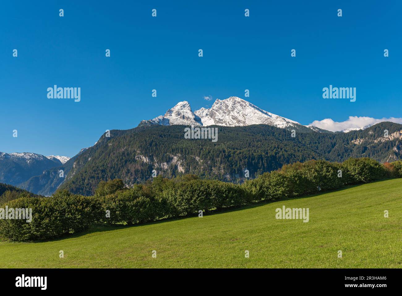 The Watzmann massif with the Watzmann Middle Peak is the third highest mountain in Germany Stock Photo