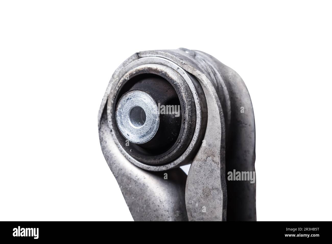 Closeup of a silent block on a used aluminum suspension with fasteners