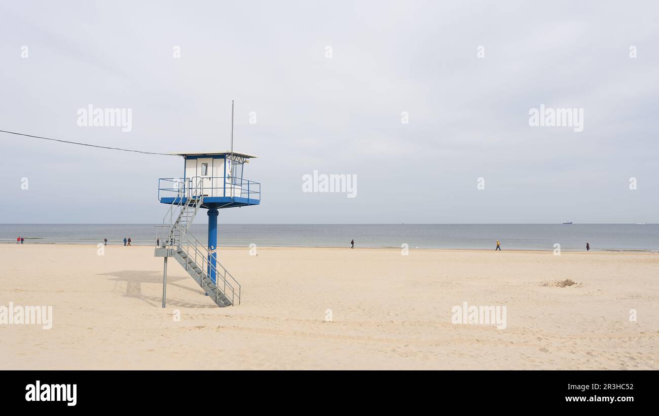 Lifeguard watch tower on the beach of the German Baltic Sea near Ahlbeck on the island of Usedom Stock Photo
