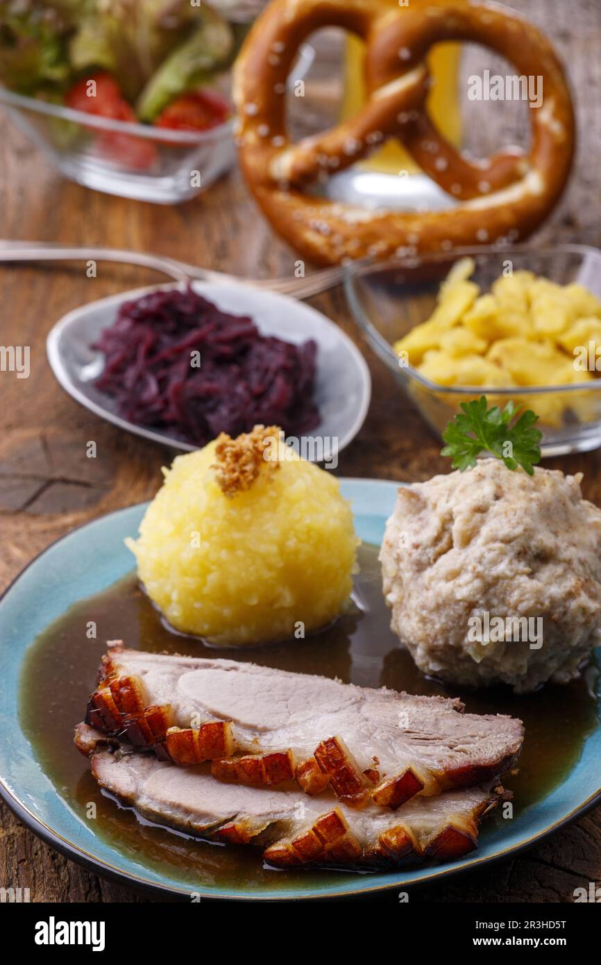 Bavarian roast pork with dumplings Stock Photo