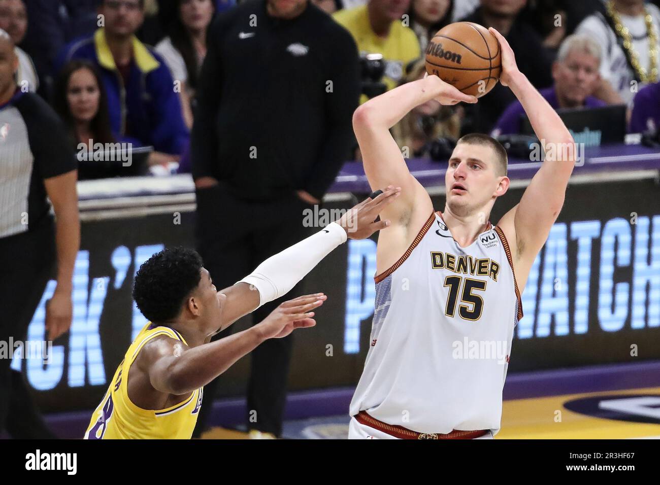 LOS ANGELES, CA - MAY 22: Denver Nuggets center Nikola Jokic (15) shoots  during the Denver Nuggets versus the Los Angeles Lakers in Game 4 of the  NBA Western Conference Finals on