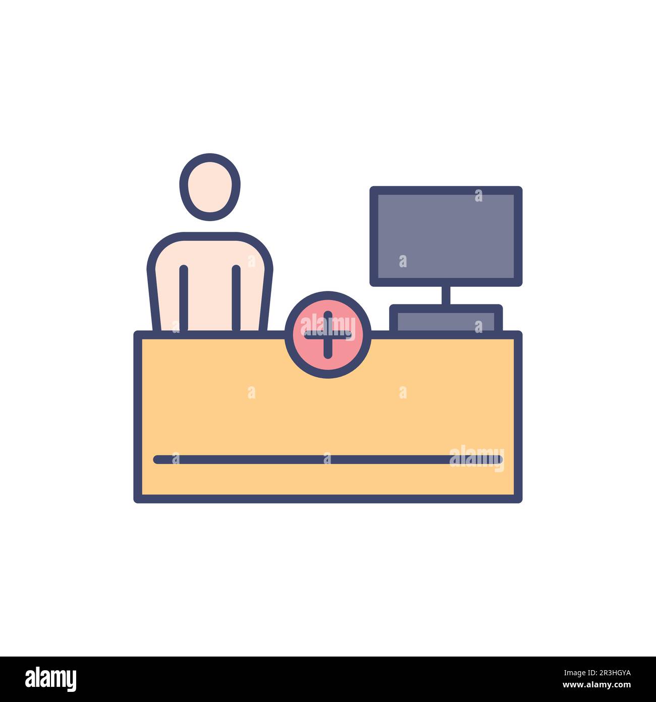 Reception related vector line icon. Person, table, computer, medical ...