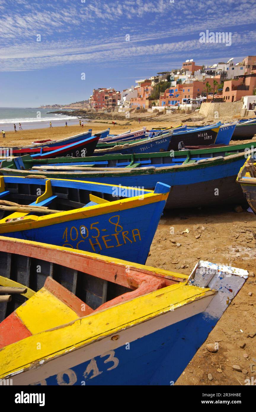 Barcas en la playa. Taghazout. Costa Atlantica. Marruecos. Magreb. Africa. Stock Photo