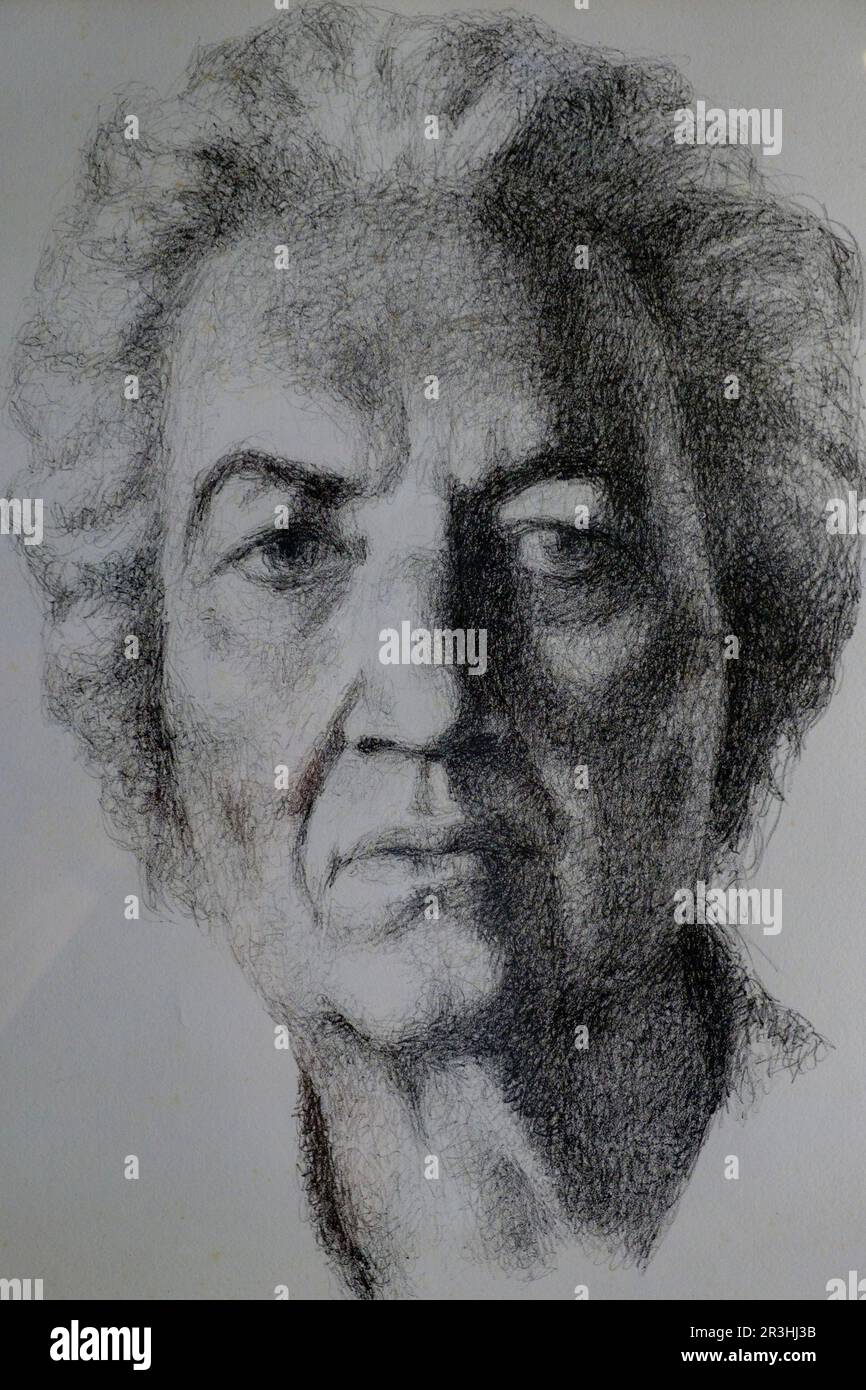retrato de Robert Graves por Jon Ulbricht, casa de Robert Graves, Ca NAlluny, Fundació Robert Graves, Deià, Mallorca, balearic islands, spain, europe. Stock Photo