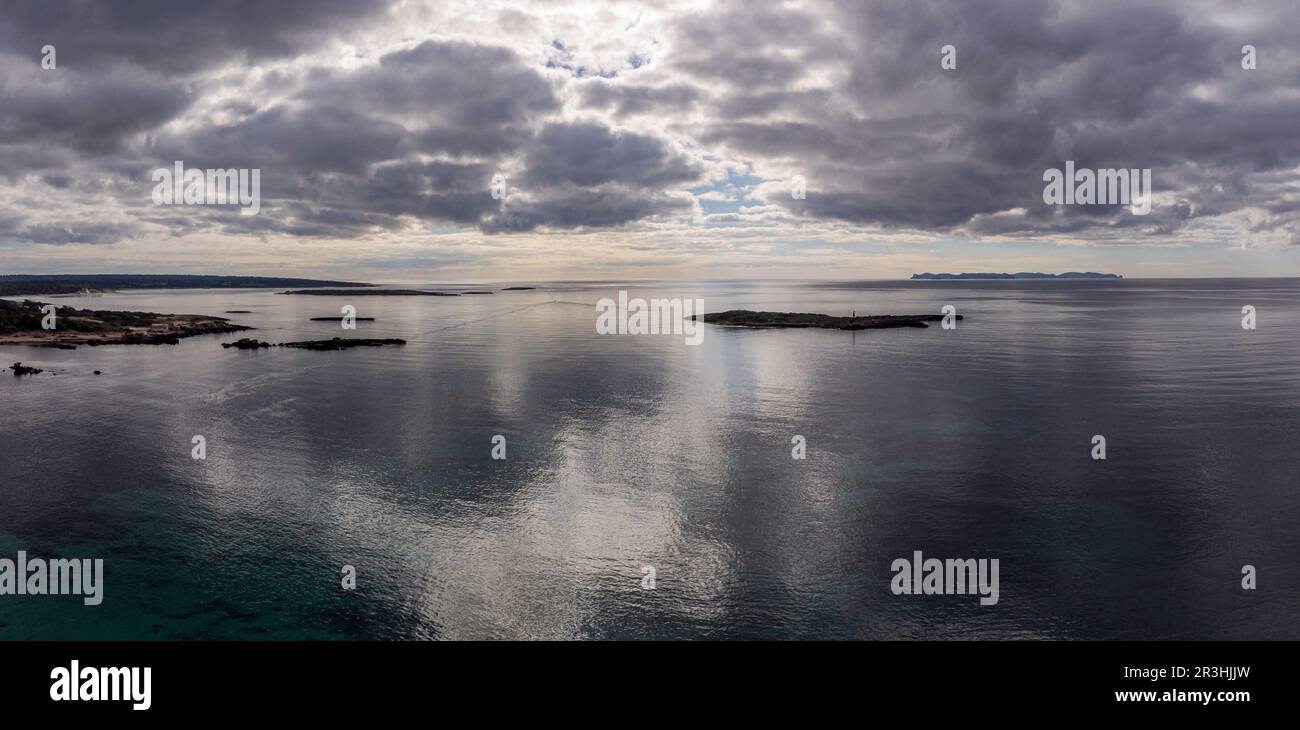 islet of Na Guardis with the Cabrera archipelago in the background, Colònia de Sant Jordi, ses Salines, Mallorca, Balearic Islands, Spain. Stock Photo