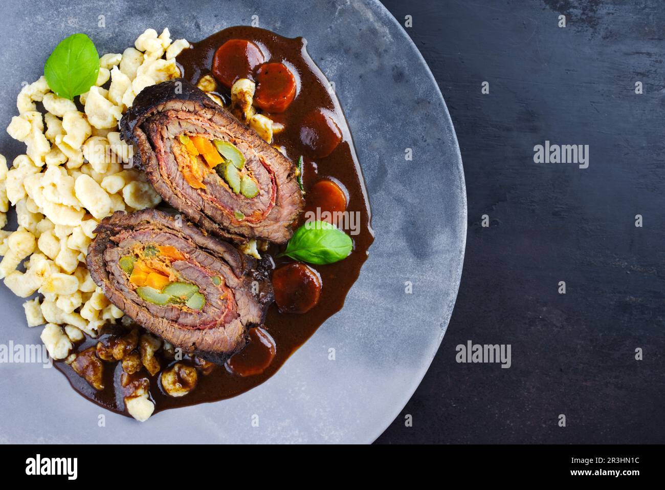 Traditional slow cooked German wagyu beef roulades with spaetzle served