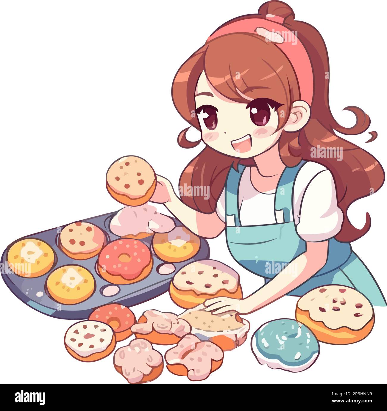 Cute child chef smiling, cooking delicious donuts Stock Vector