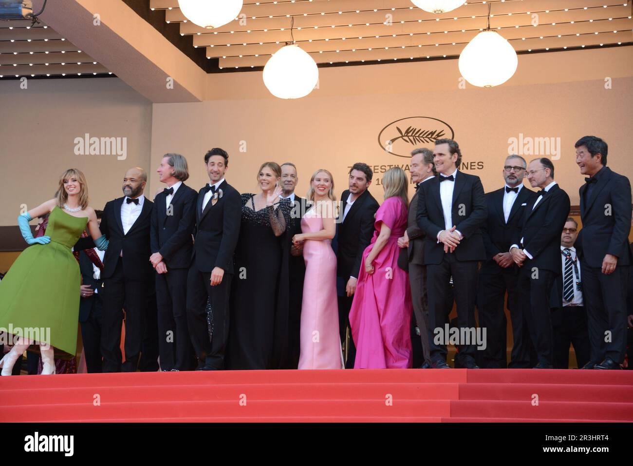 May 23, 2023, CANNES, France: CANNES, FRANCE - MAY 23: (L-R) Rupert Friend, Rita Wilson, Tom Hanks, Bryan Cranston, Maya Hawke, Director Wes Anderson, Adrien Brody, Fisher Stevens, Scarlett Johansson, Matt Dillon, Fisher Stevens, Steve Carell, Stephen Park, Jake Ryan, and Hope Davis attend the ''Asteroid City'' red carpet during the 76th annual Cannes film festival at Palais des Festivals on May 23, 2023 in Cannes, France (Credit Image: © Frederick Injimbert/ZUMA Press Wire) EDITORIAL USAGE ONLY! Not for Commercial USAGE! Stock Photo
