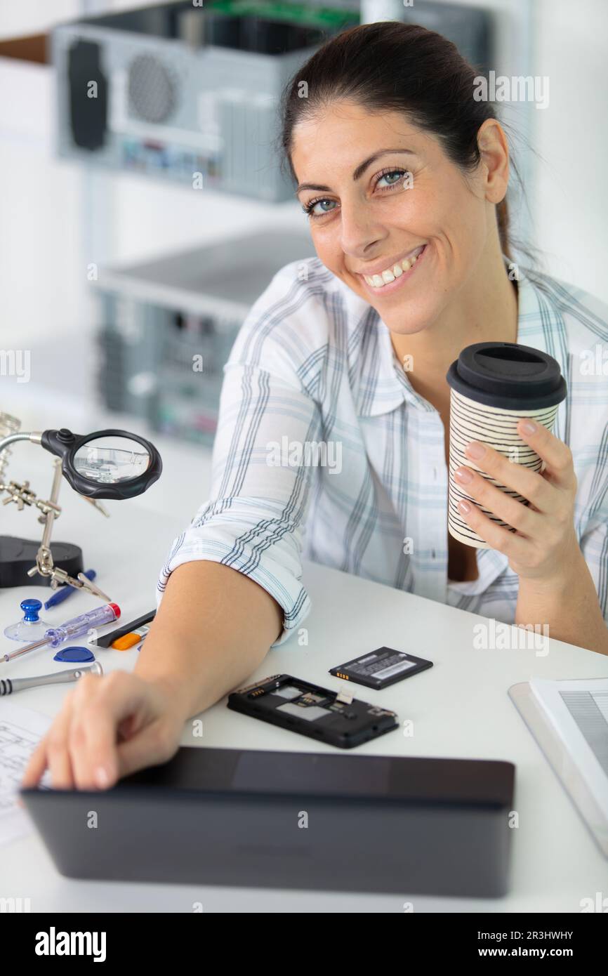 happy and successful computer technician Stock Photo