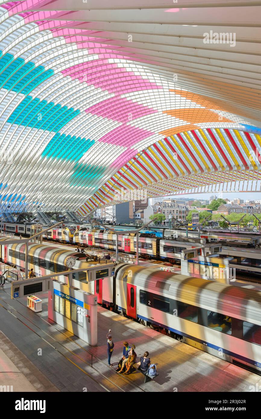 Bahnhof Gare de Liege-Guillemins in Lüttich, entworfen vom spanischen Architekten Santiago Calatrava.  Das Glasdach des Bahnhofs wurde mit transparent Stock Photo
