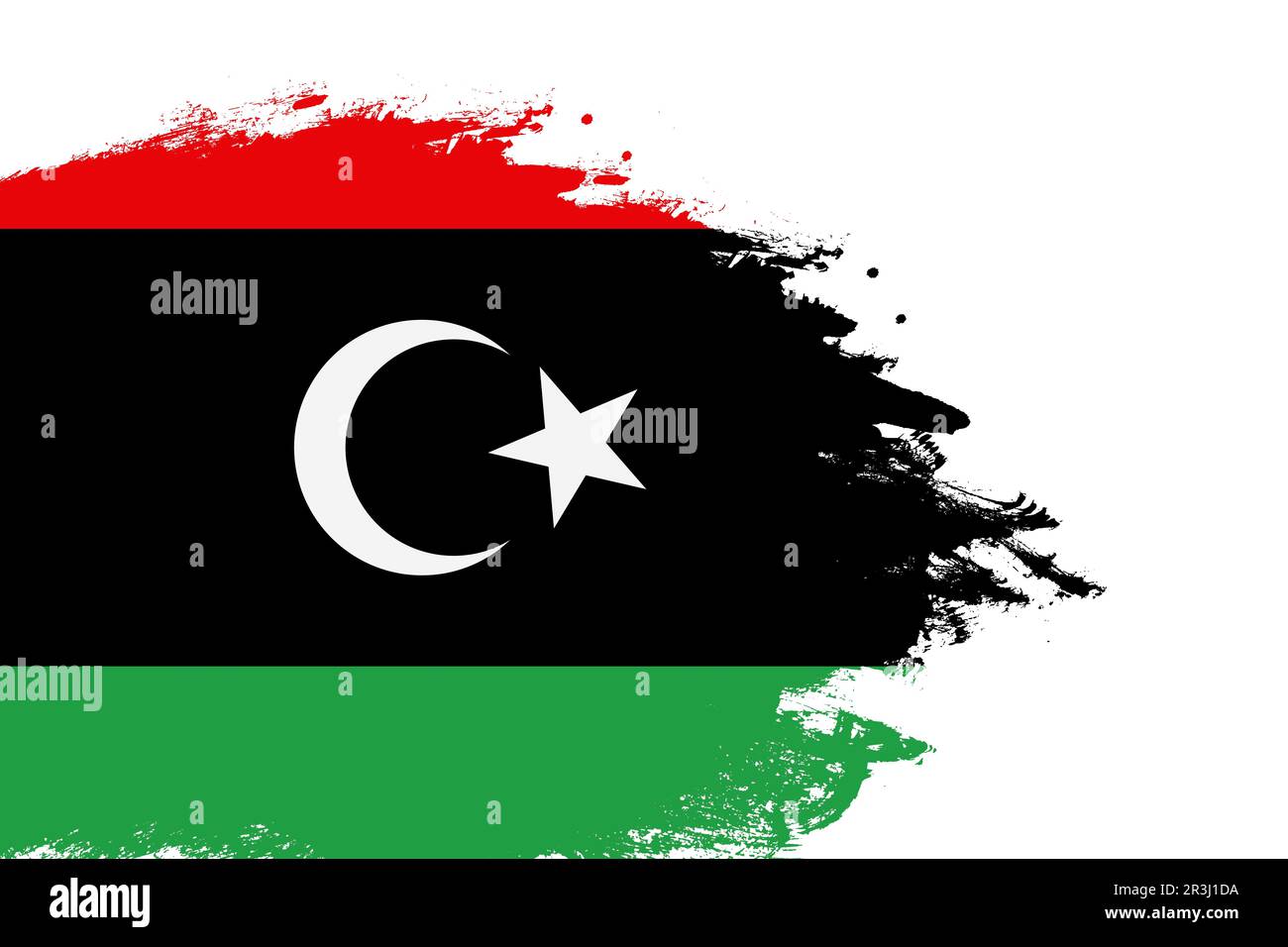 Libya flag on a stained stroke brush painted isolated white background with copy space Stock Photo
