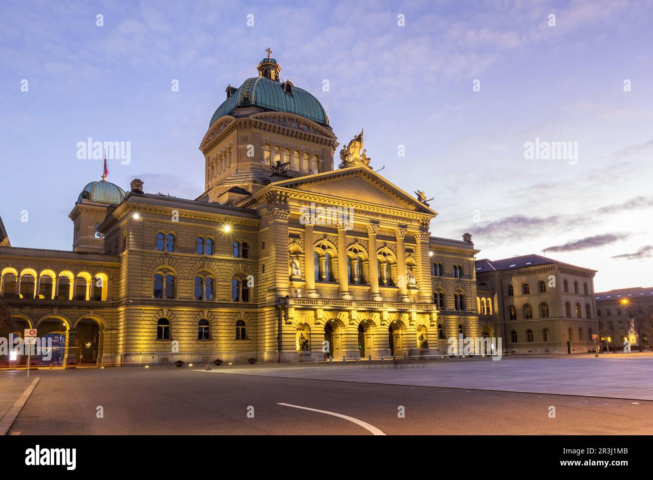 Bern, Switzerland - December 26. 2020: The Swiss parliament building Bundeshaus in twilight, Bern, Switzerland Stock Photo