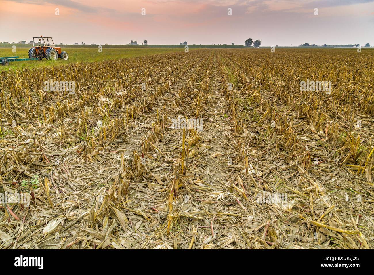 Tractor and harvested land Stock Photo - Alamy