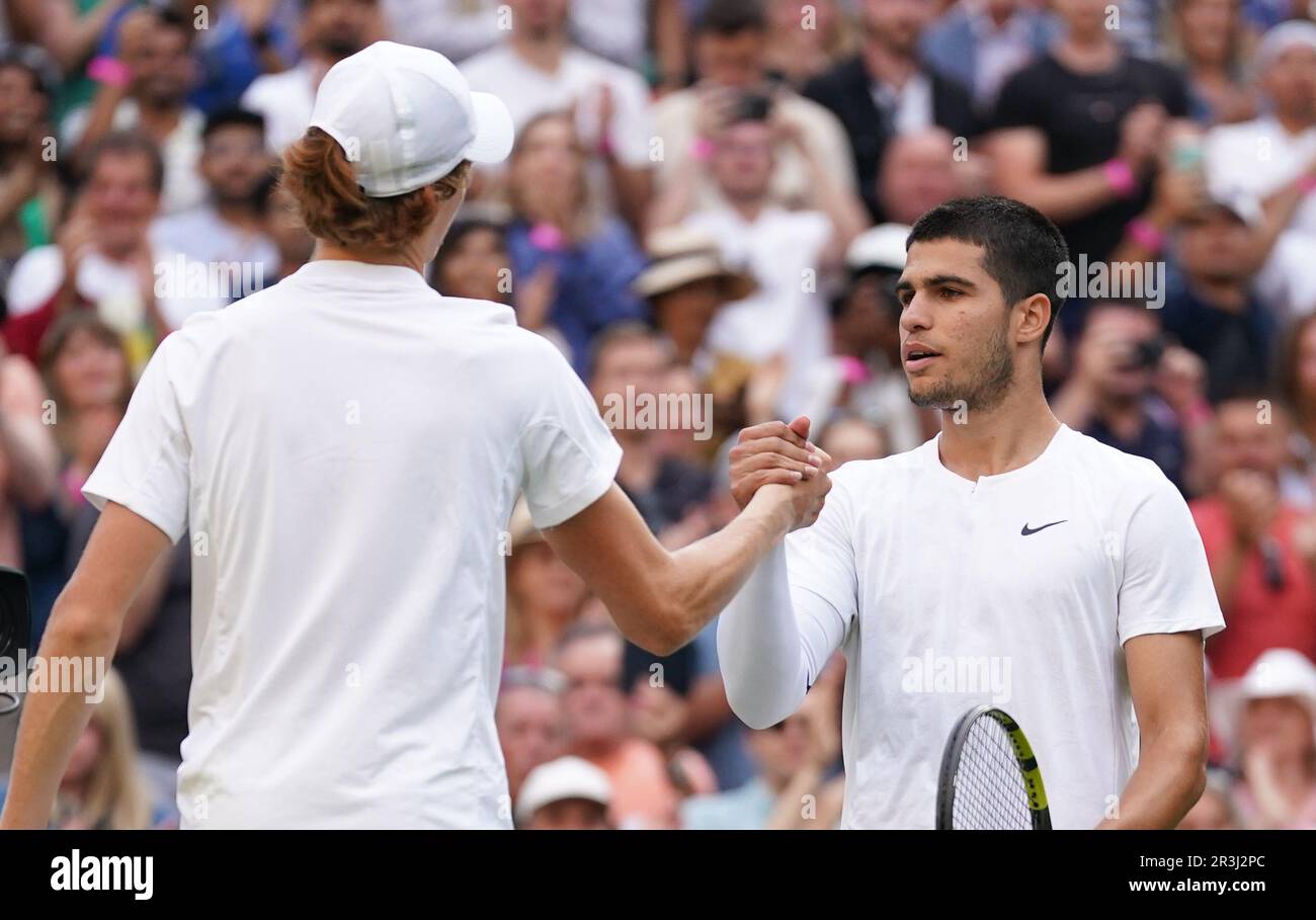 File photo dated 03-07-2022 of Jannik Sinner (left) and Carlos Alcaraz. Tony Blair was in Downing Street, Carlos Alcaraz a baby and Twitter and Instagram non-existent the last time the French Open took place without Rafael Nadal. Issue date: Wednesday May 24, 2023. Stock Photo
