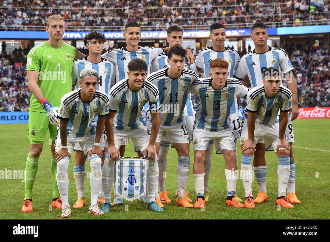 (230524) -- SANTIAGO DEL ESTERO, May 24, 2023 (Xinhua) -- Starting players of Argentina line up prior to the FIFA U20 World Cup group A match between Argentina and Guatemala in Santiago del Estero, Argentina, May 23, 2023. (TELAM/Handout via Xinhua) Stock Photo