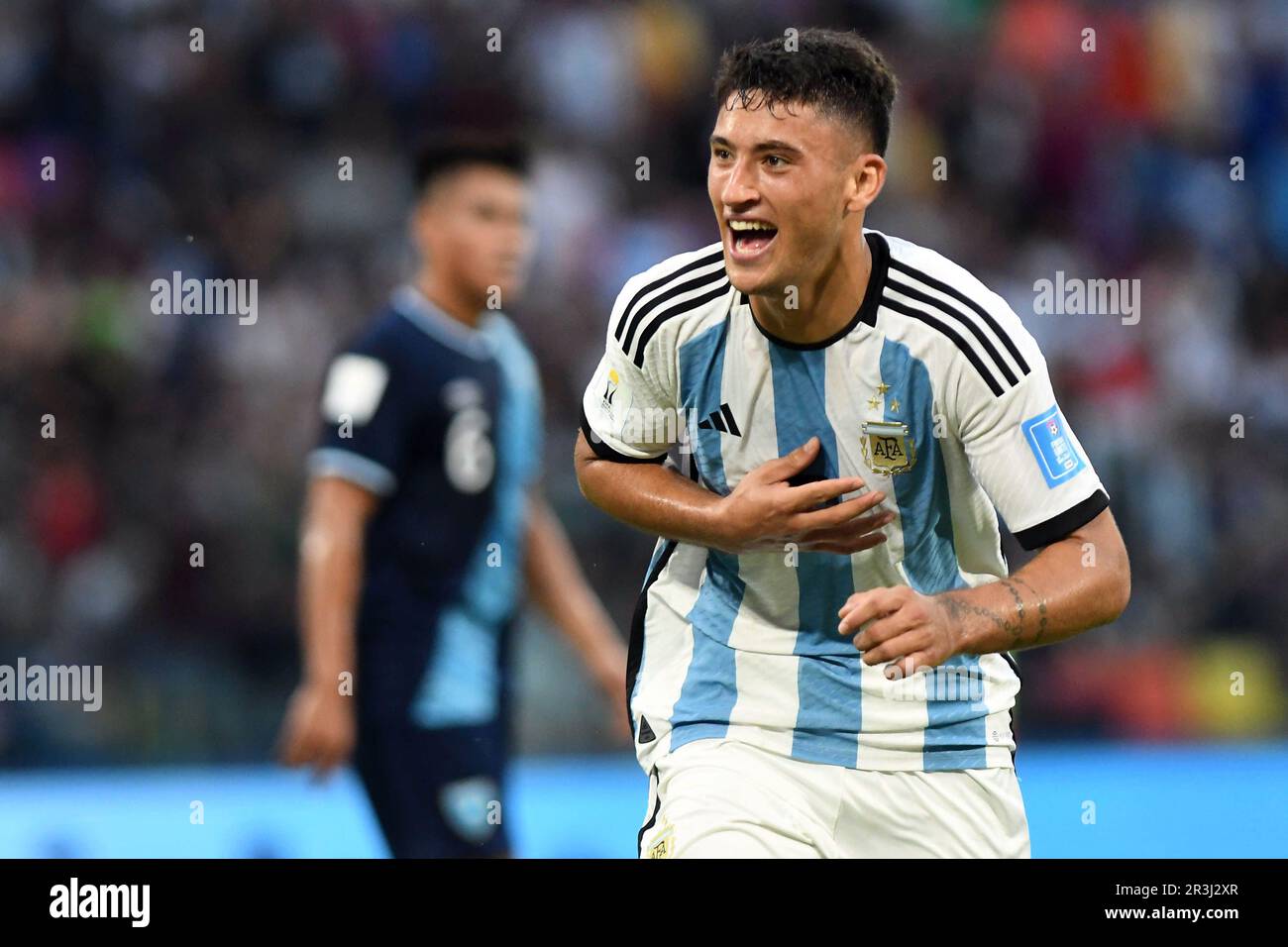 (230524) -- SANTIAGO DEL ESTERO, May 24, 2023 (Xinhua) -- Alejo Veliz of Argentina celebrates his goal during the FIFA U20 World Cup group A match between Argentina and Guatemala in Santiago del Estero, Argentina, May 23, 2023. (TELAM/Handout via Xinhua) Stock Photo