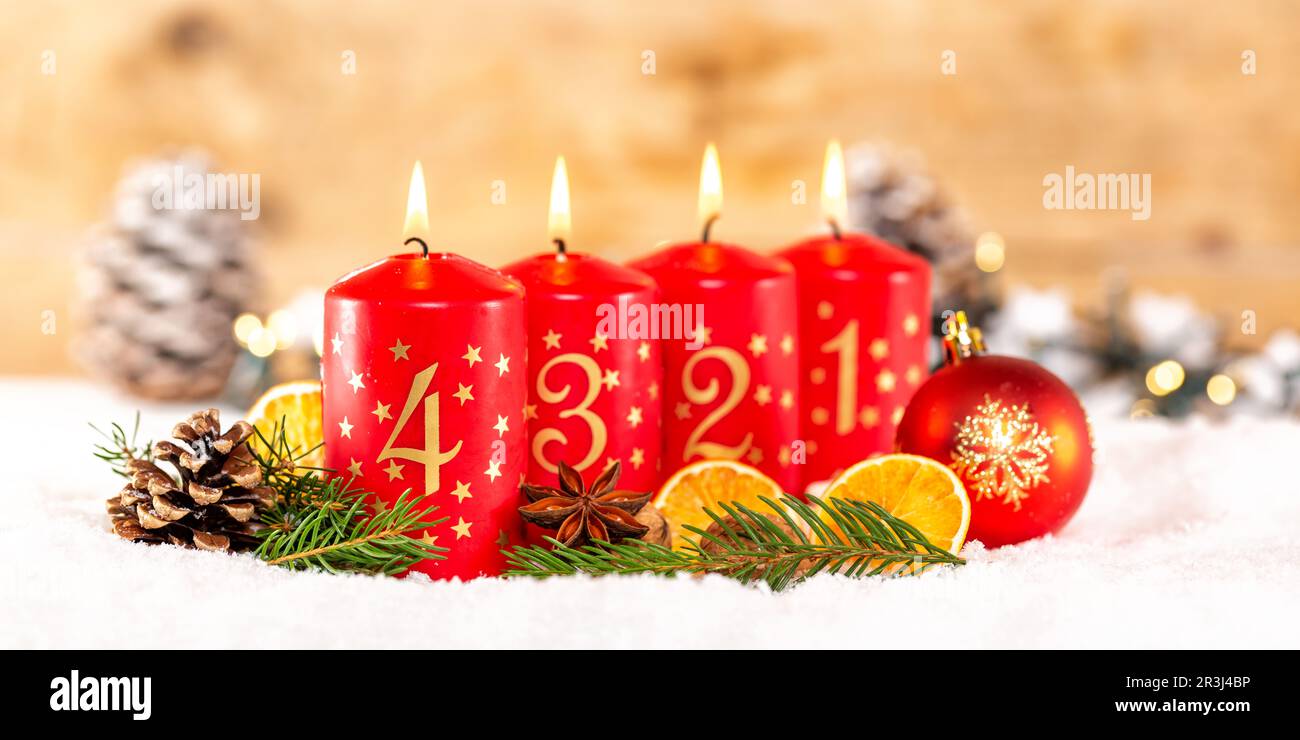 Fourth 4th Advent with Candle Christmas Decoration Advent Panorama Banner Stock Photo
