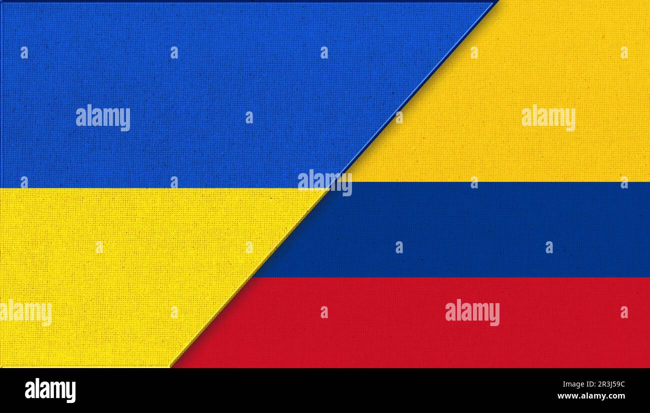 Flag of Ukraine and Colombia - 3D illustration. National Symbols of Ukraine and Colombia. political Stock Photo