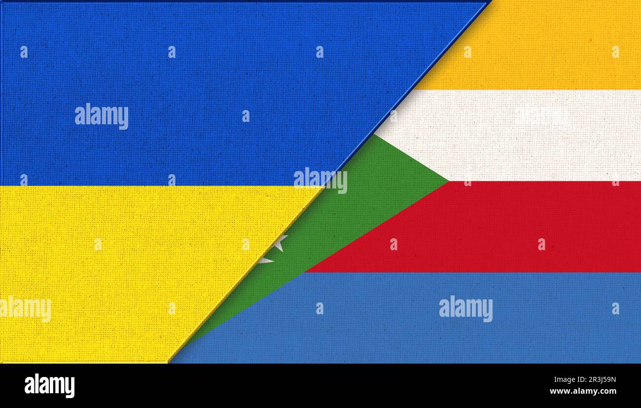 Flag of Ukraine and Comoros - 3D illustration. Two Flags Together. National Symbols of Ukraine and C Stock Photo